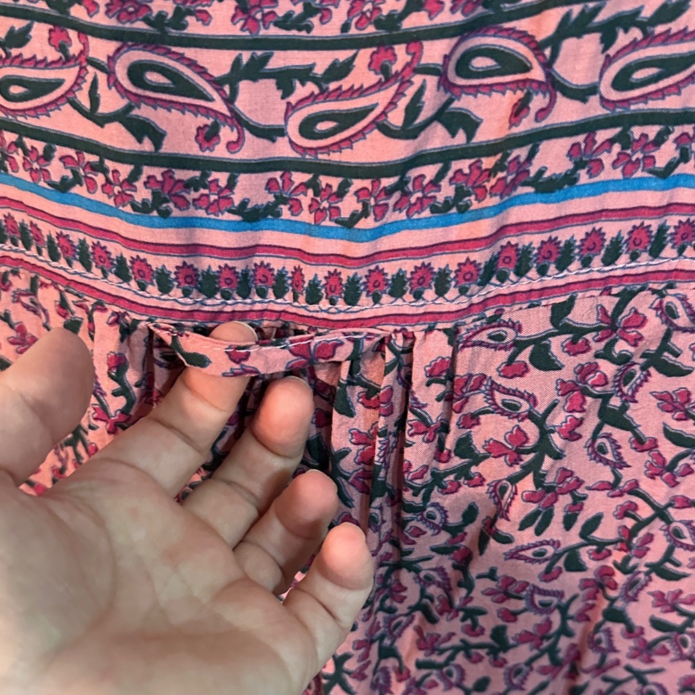 Maeve Vibrant Pink with Green Floral Patterned V-neck Blouse - Picture 6 of 8